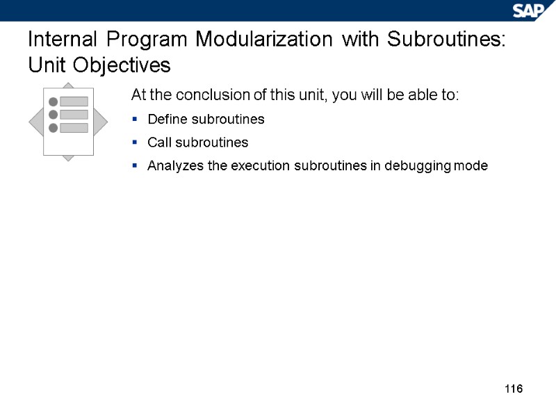 116 Internal Program Modularization with Subroutines: Unit Objectives At the conclusion of this unit,